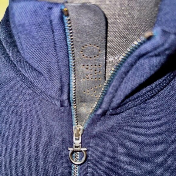 Ferragamo Mens Virgin Wool Bomber Jacket, SZ L, Navy, Zipper w/Leather, RT $1800 - Picture 8 of 14